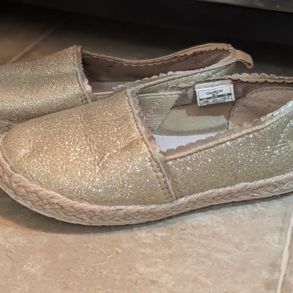 Kids 10 oshkosh gold glitter shiny slip on shoes girls espadrilles